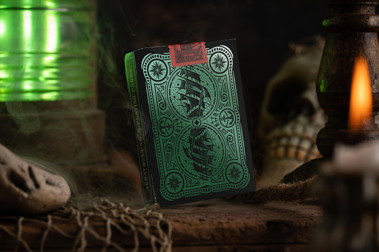 back of tuckbox - albatross spooky nautical playing cards - premium gilded playing cards - black gilding, green foil
