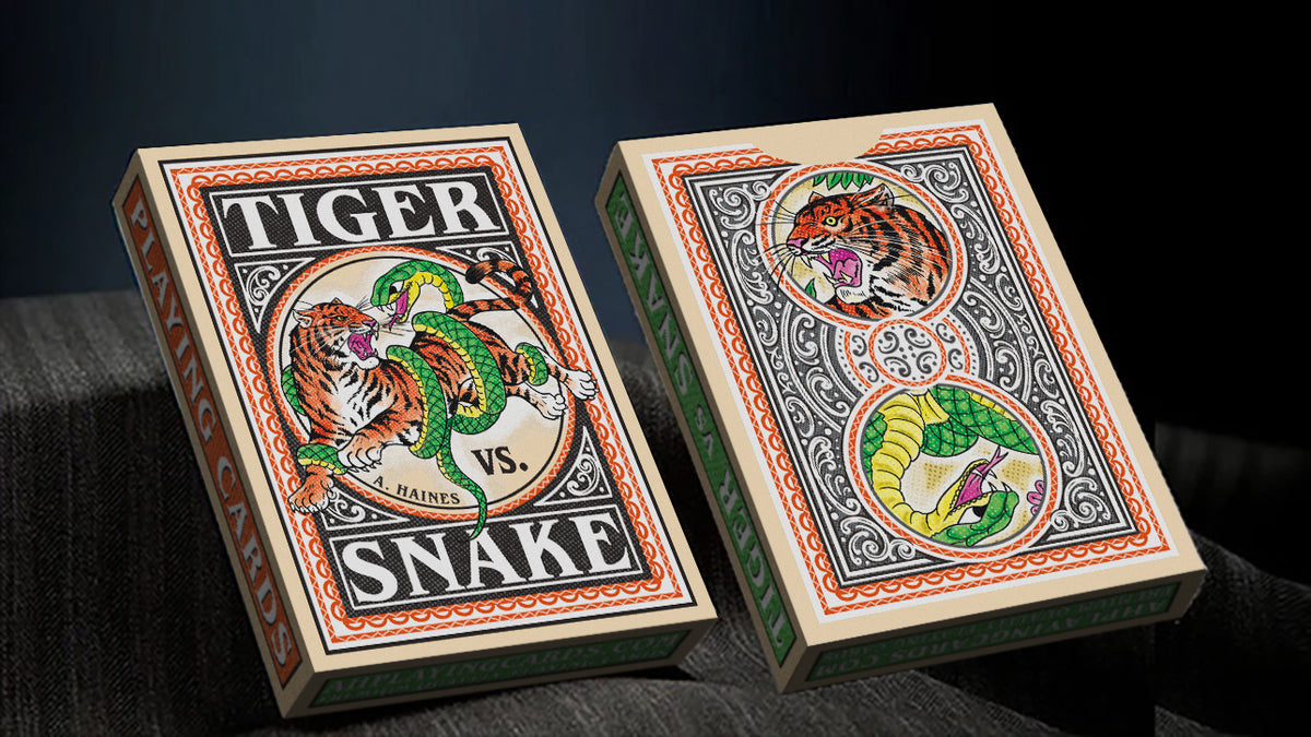 vintage matchbox artwork - tiger vs snake playing cards - tuckbox - premium playing cards