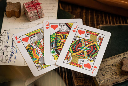 Imported Playing Cards. Image shows, from left to right, King of Hearts, Queen of Hearts and Jack of Hearts. All hand drawn with a vintage style theme throughout. 