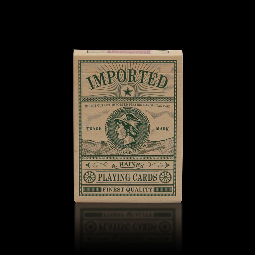 Stock image of the front of Imported Playing Cards tuck box. Completely hand drawn design. 