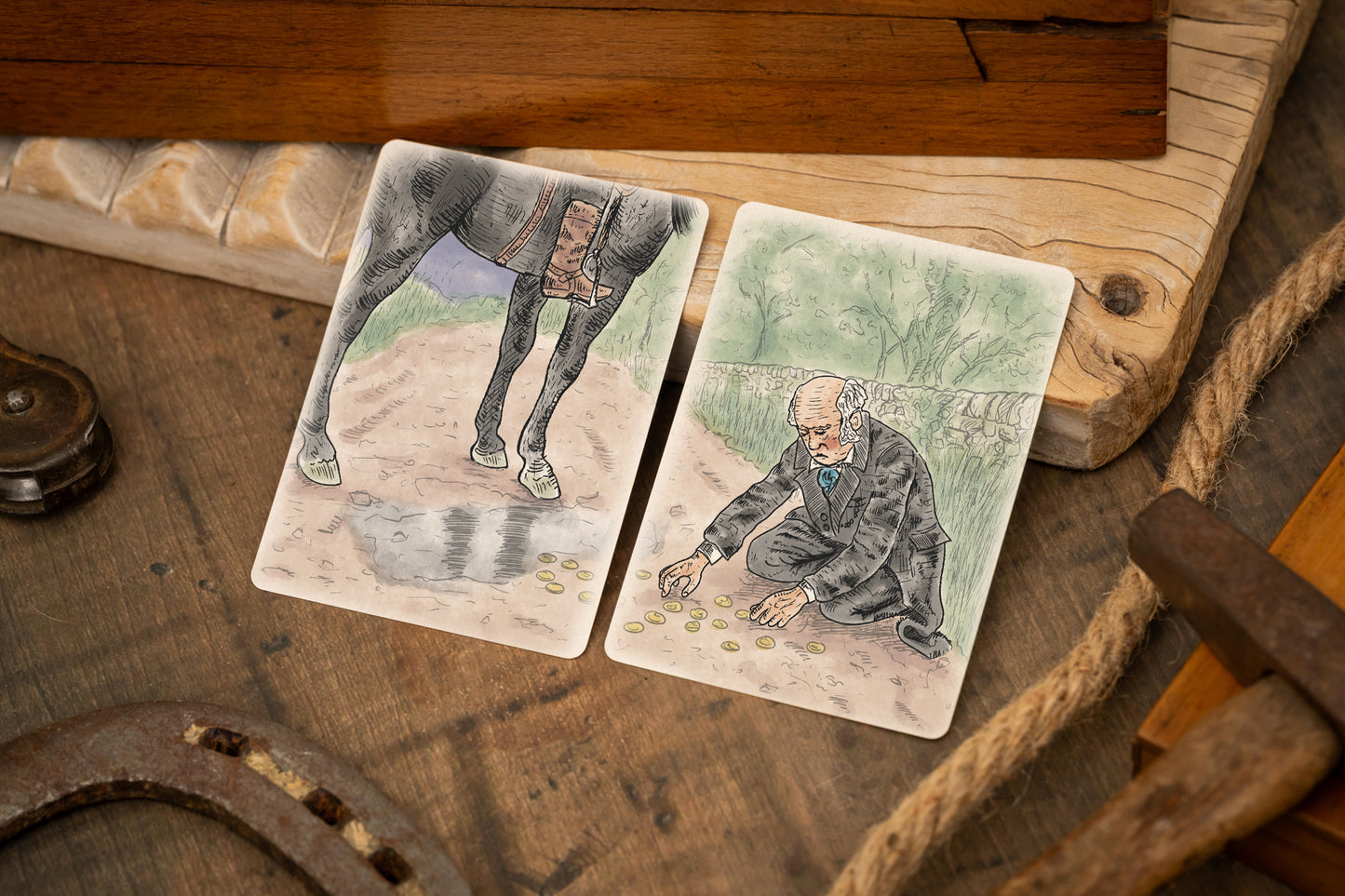 Two vintage-style cards on a wooden surface with a horse and a person.