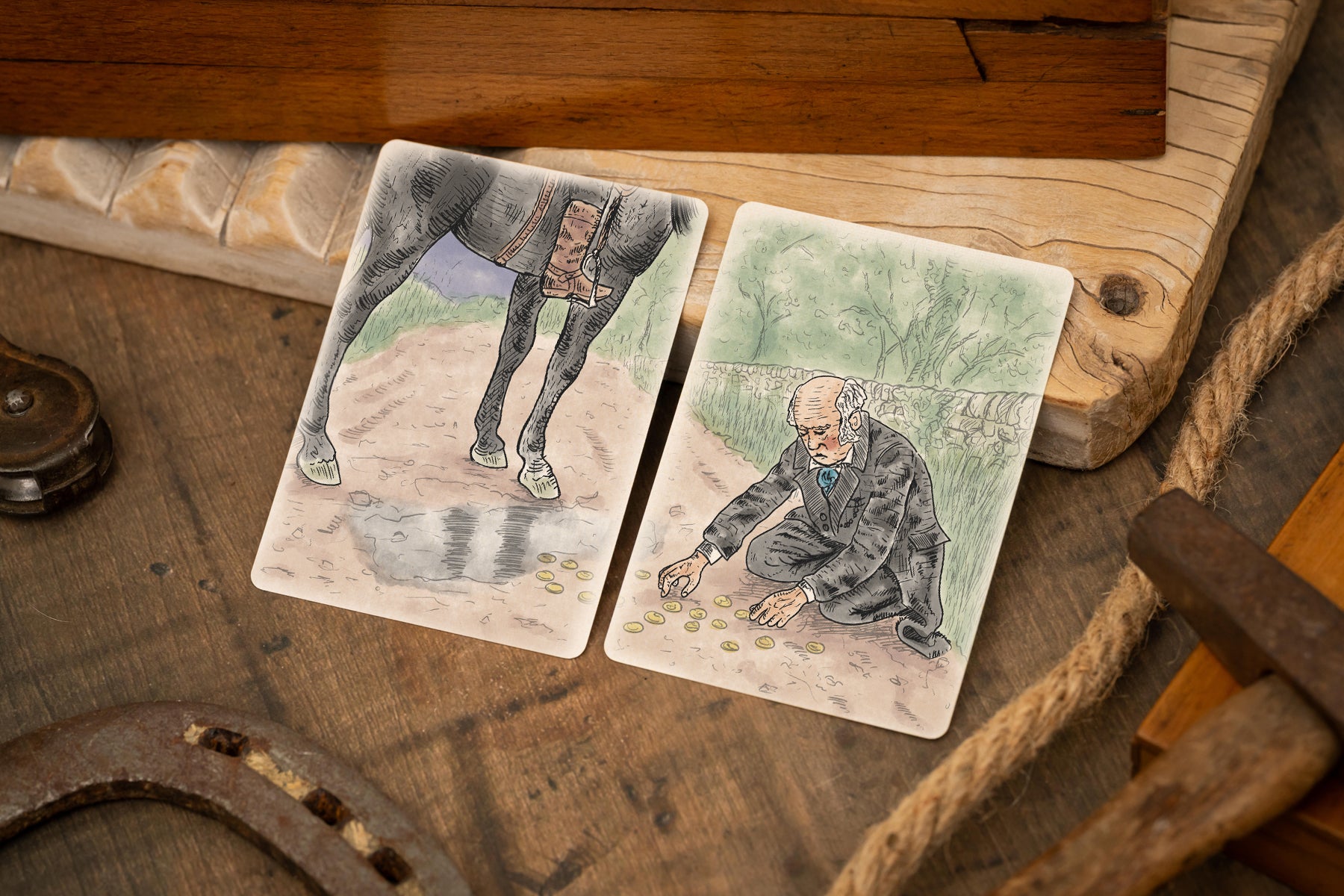 Two vintage-style cards on a wooden surface with a horse and a person.