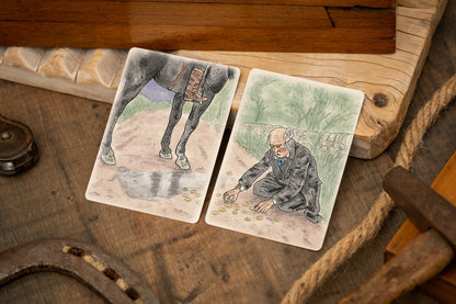 Two vintage-style cards on a wooden surface with a horse and a person.