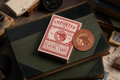 Imported Playing Cards: Burgundy Edition - Deck & Coin Bundle