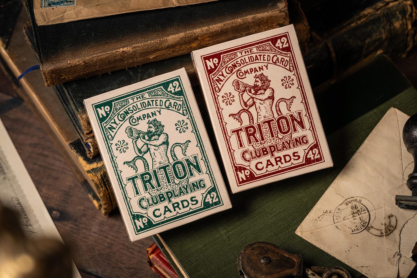 Triton 42 Club Playing Cards antique restoration tuckbox with custom tax stamp seal