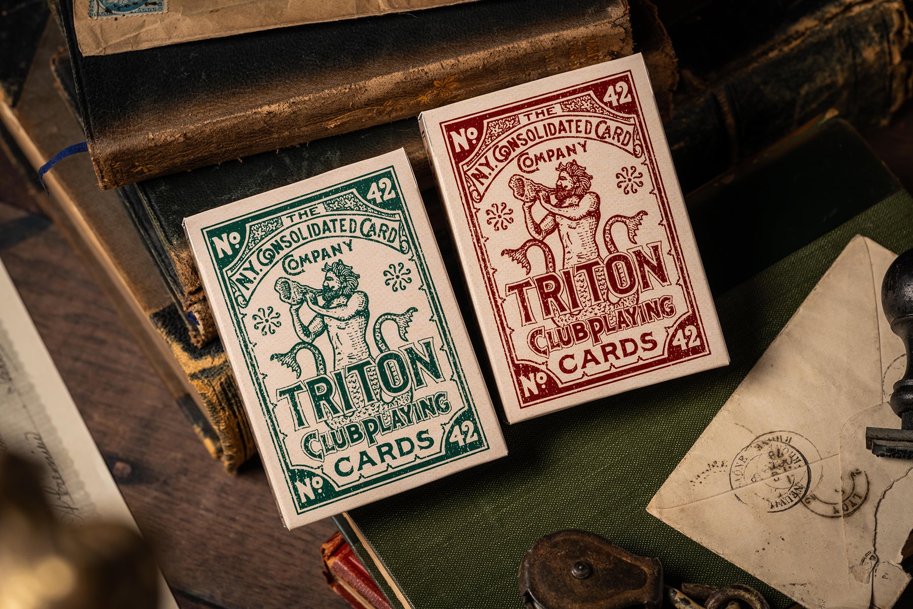 Triton 42 Club Playing Cards antique restoration tuckbox with custom tax stamp seal