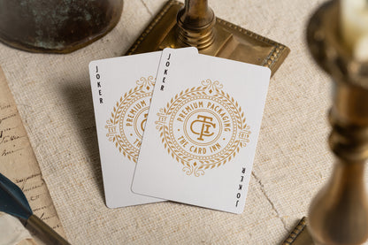 jokers | luxury the card inn clubhouse classic elegant playing cards | embossed and foiled boxes | cold foil backs | premium playing cards designed by A. Haines