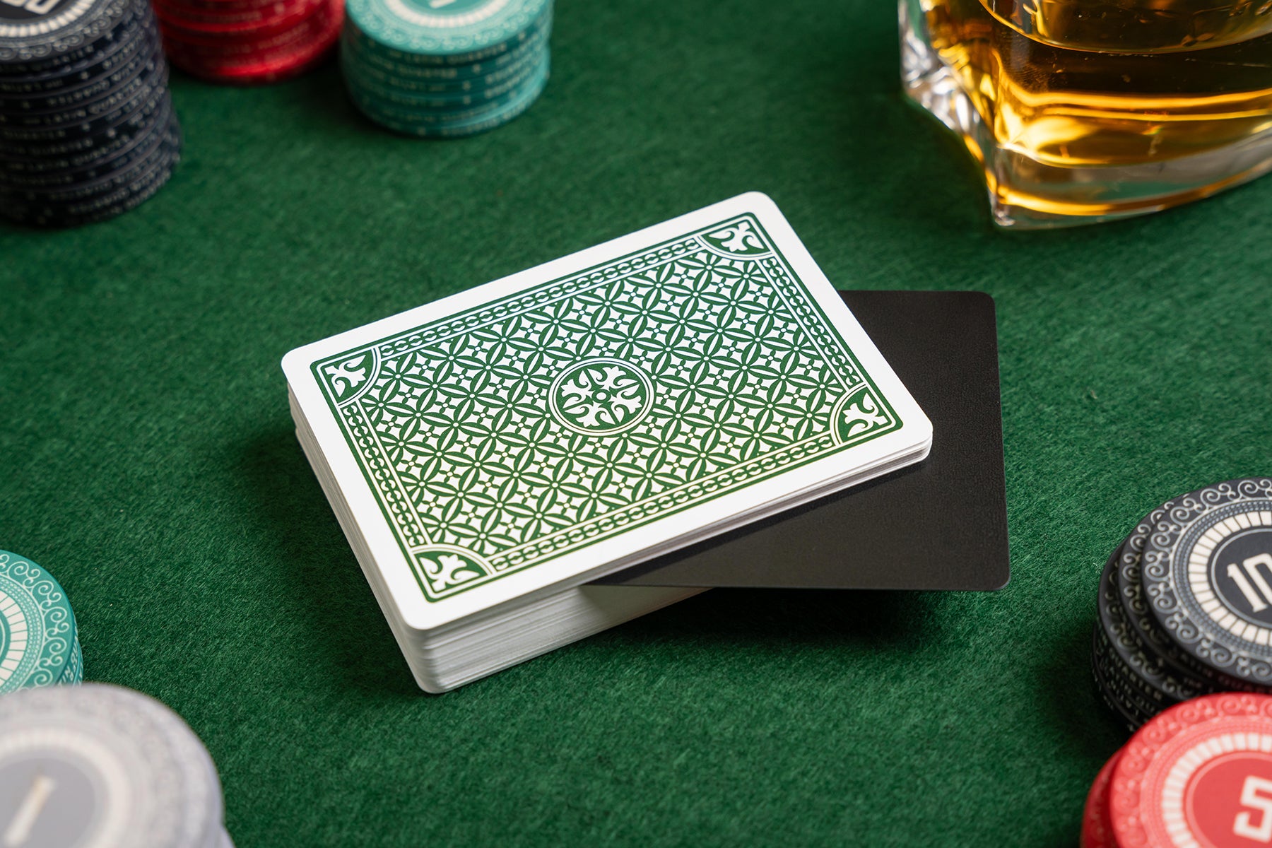 premium pvc poker playing cards in green with plastic cut card and poker chips