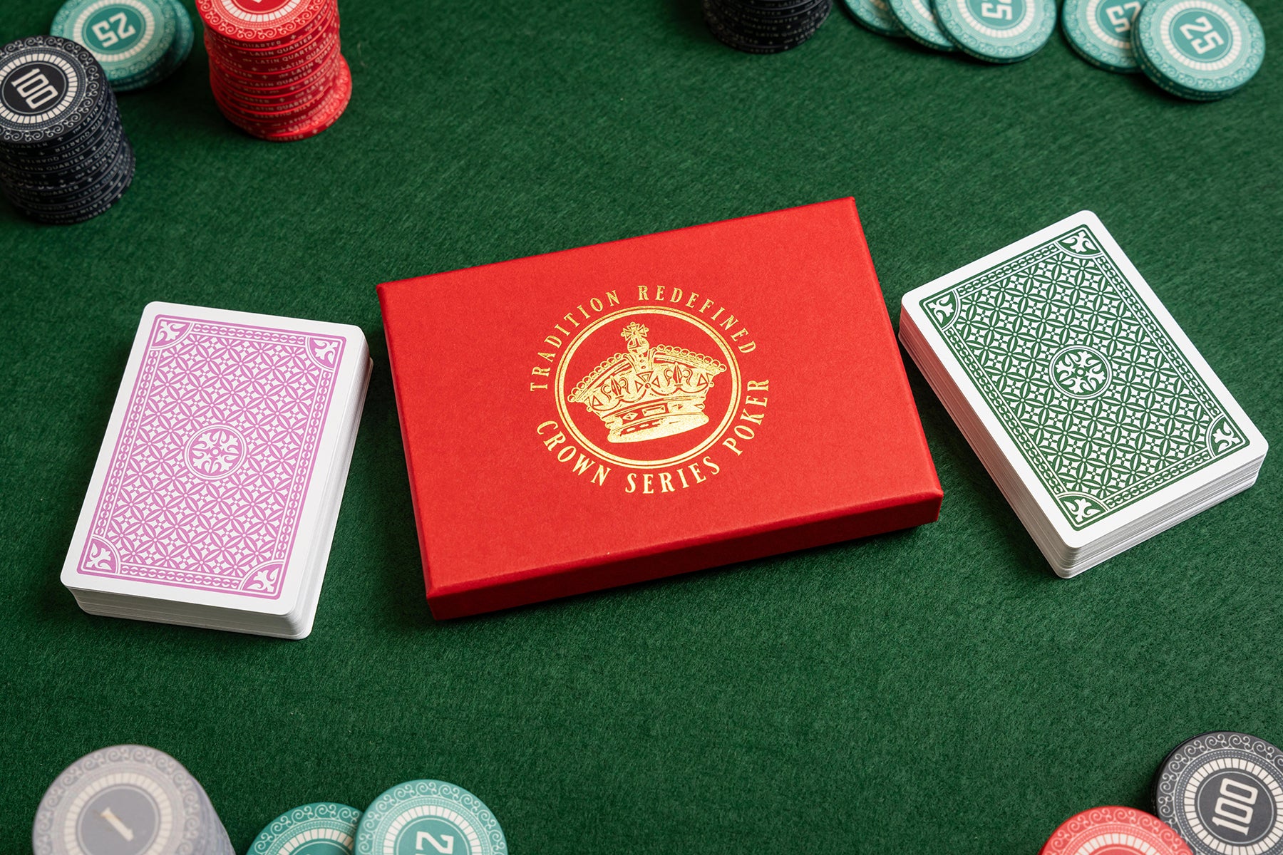crown series poker pvc casino playing cards in luxury foiled gift box - with poker chips - green deck and purple deck of casino playing cards