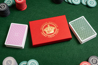 crown series poker pvc casino playing cards in luxury foiled gift box - with poker chips - green deck and purple deck of casino playing cards