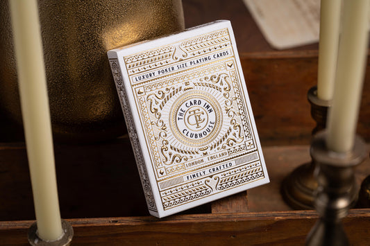 luxury the card inn clubhouse classic elegant playing cards | embossed and foiled boxes | cold foil backs | premium playing cards designed by A. Haines