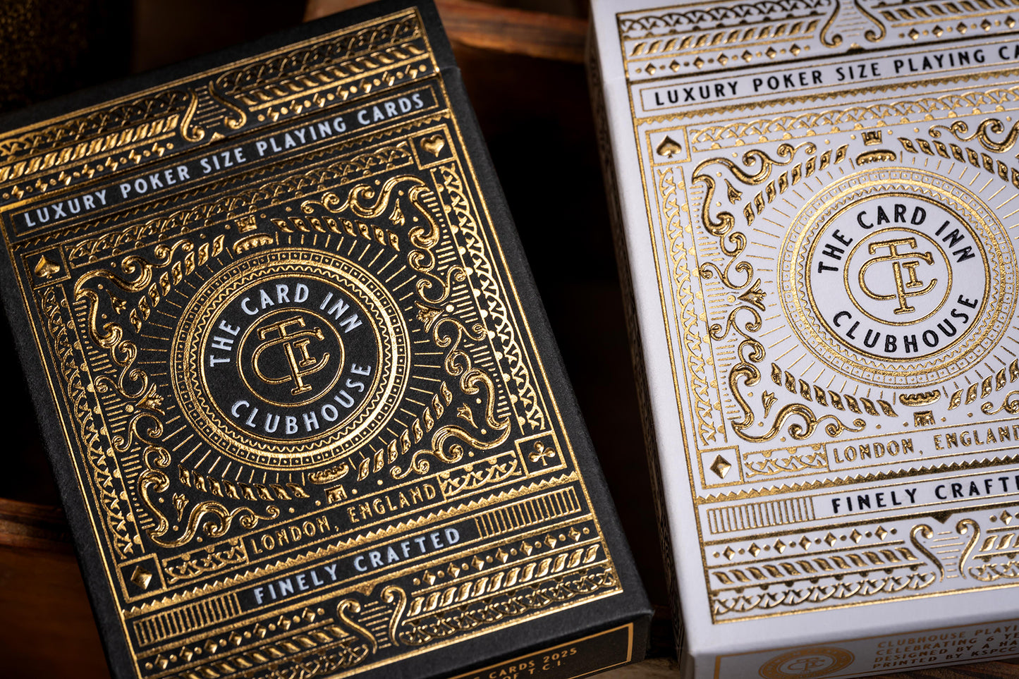 luxury the card inn clubhouse classic elegant playing cards | embossed and foiled boxes | cold foil backs | premium playing cards designed by A. Haines