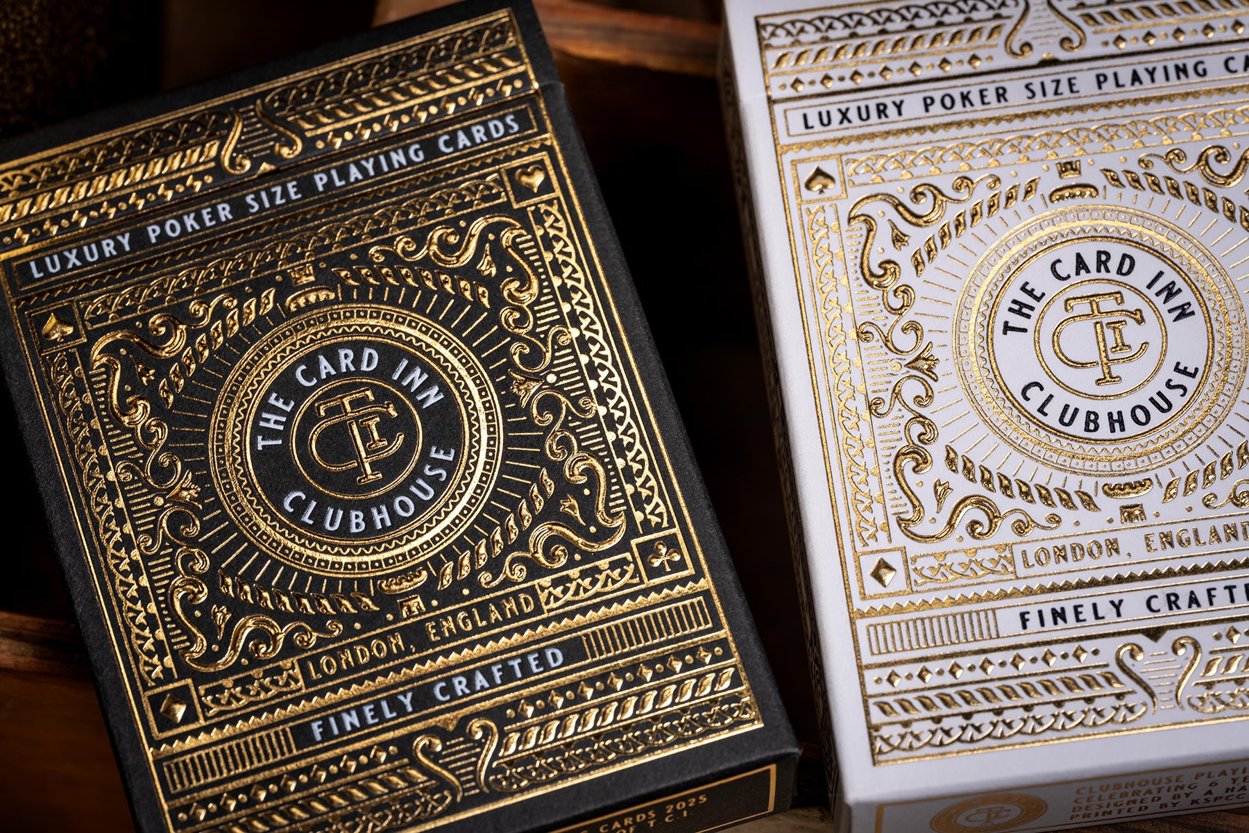 luxury the card inn clubhouse classic elegant playing cards | embossed and foiled boxes | cold foil backs | premium playing cards designed by A. Haines