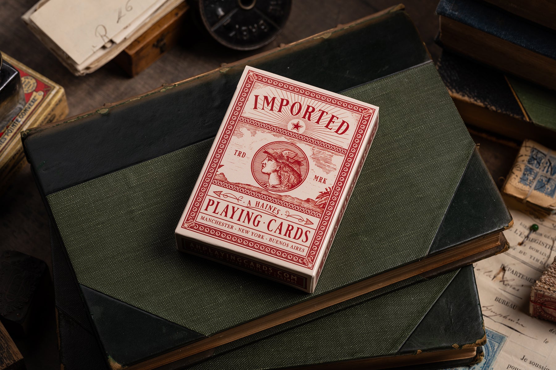 imported playing cards - burgundy edition - vintage hand-drawn playing cards - classic - a. haines - tuckbox