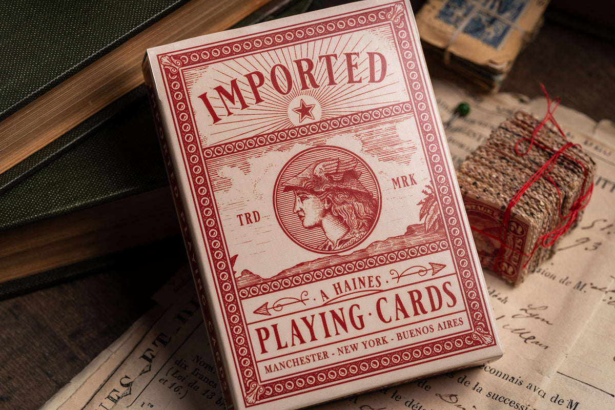 imported playing cards - burgundy edition - vintage hand-drawn playing cards - classic - a. haines - tuckbox