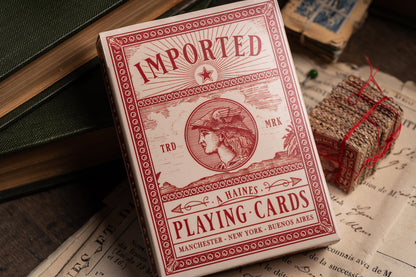 imported playing cards - burgundy edition - vintage hand-drawn playing cards - classic - a. haines - tuckbox