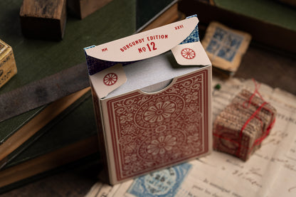 imported playing cards - burgundy edition - vintage hand-drawn playing cards - classic - a. haines - tuckbox