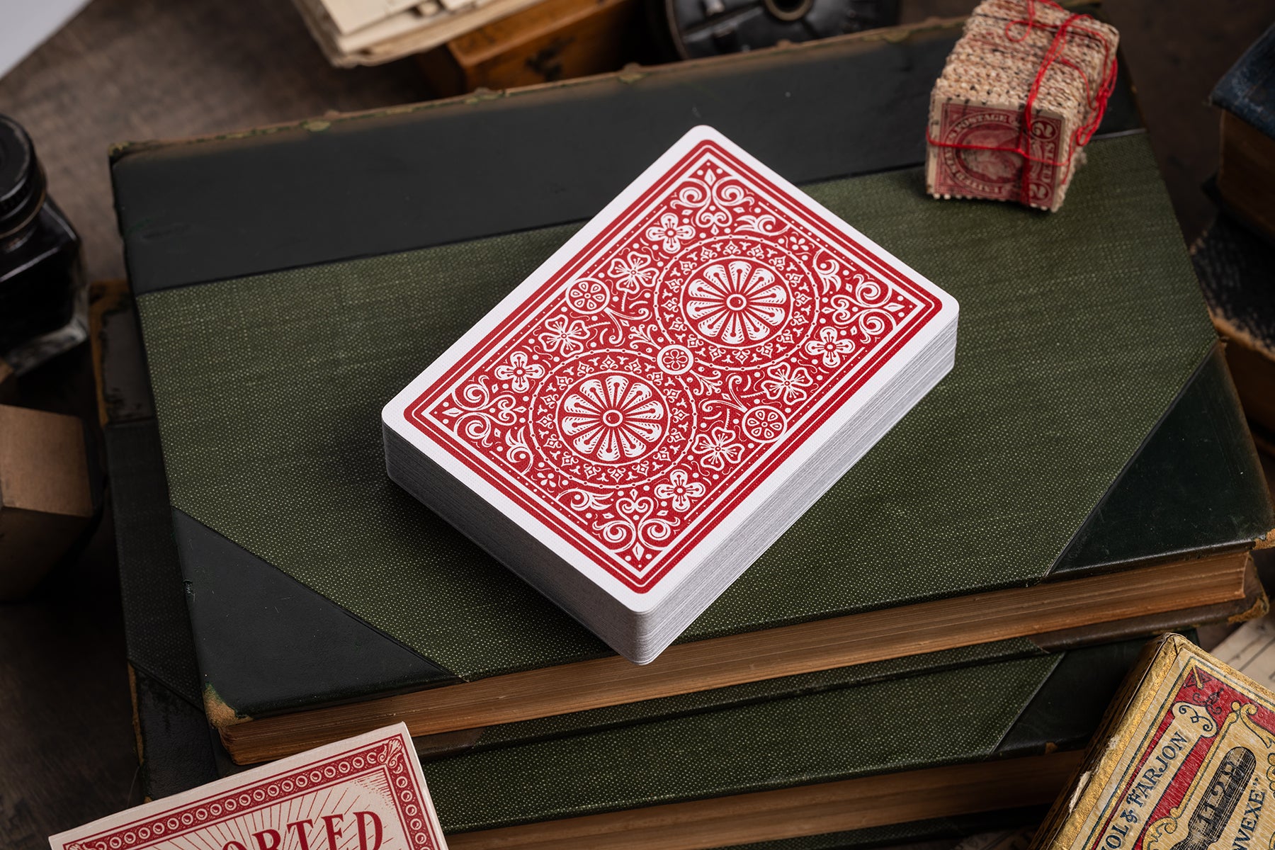 imported playing cards - burgundy edition - vintage hand-drawn playing cards - classic - a. haines - back design