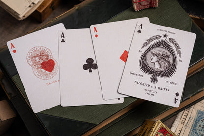 imported playing cards - burgundy edition - vintage hand-drawn playing cards - classic - a. haines - aces