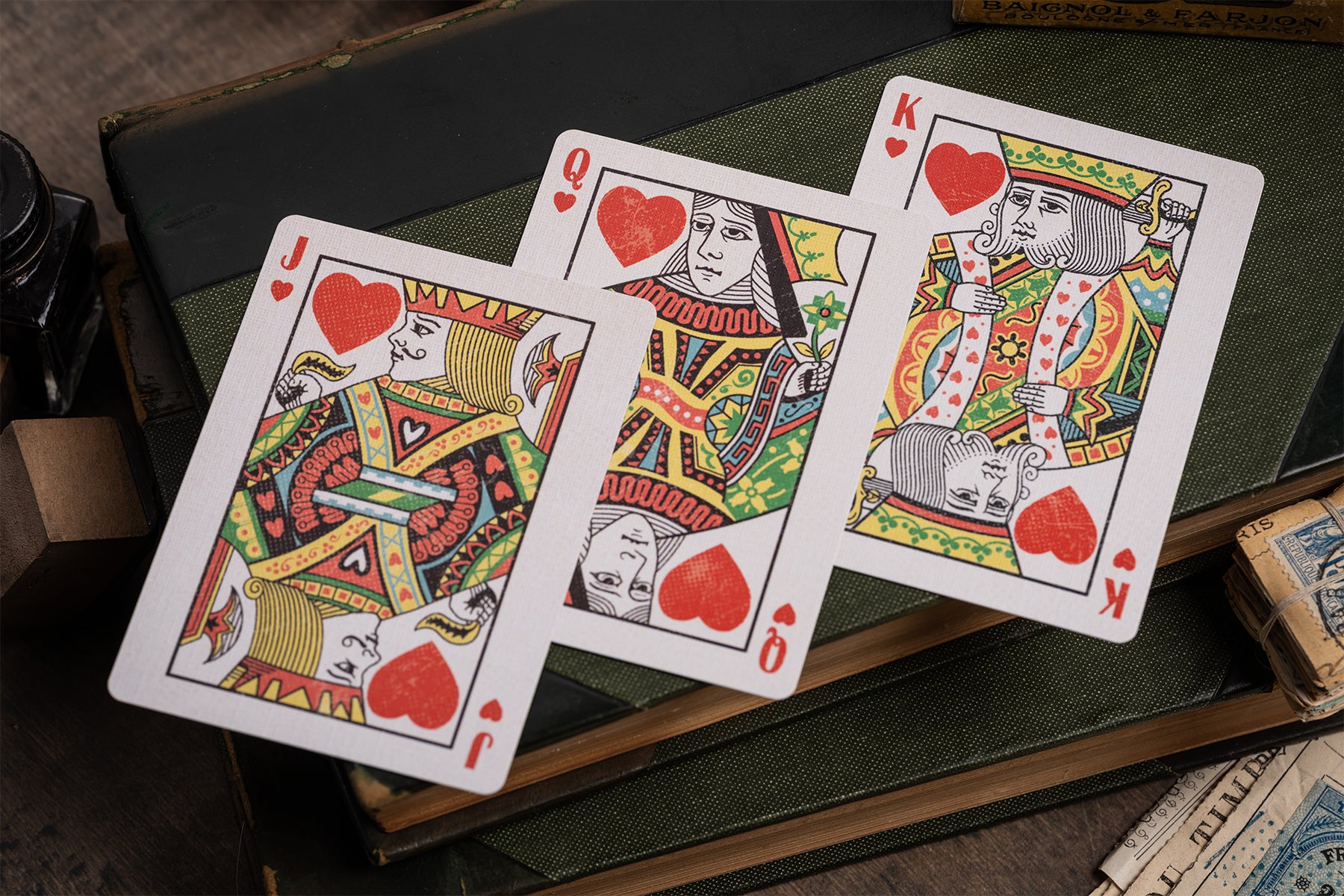 imported playing cards - burgundy edition - vintage hand-drawn playing cards - classic - a. haines - courts