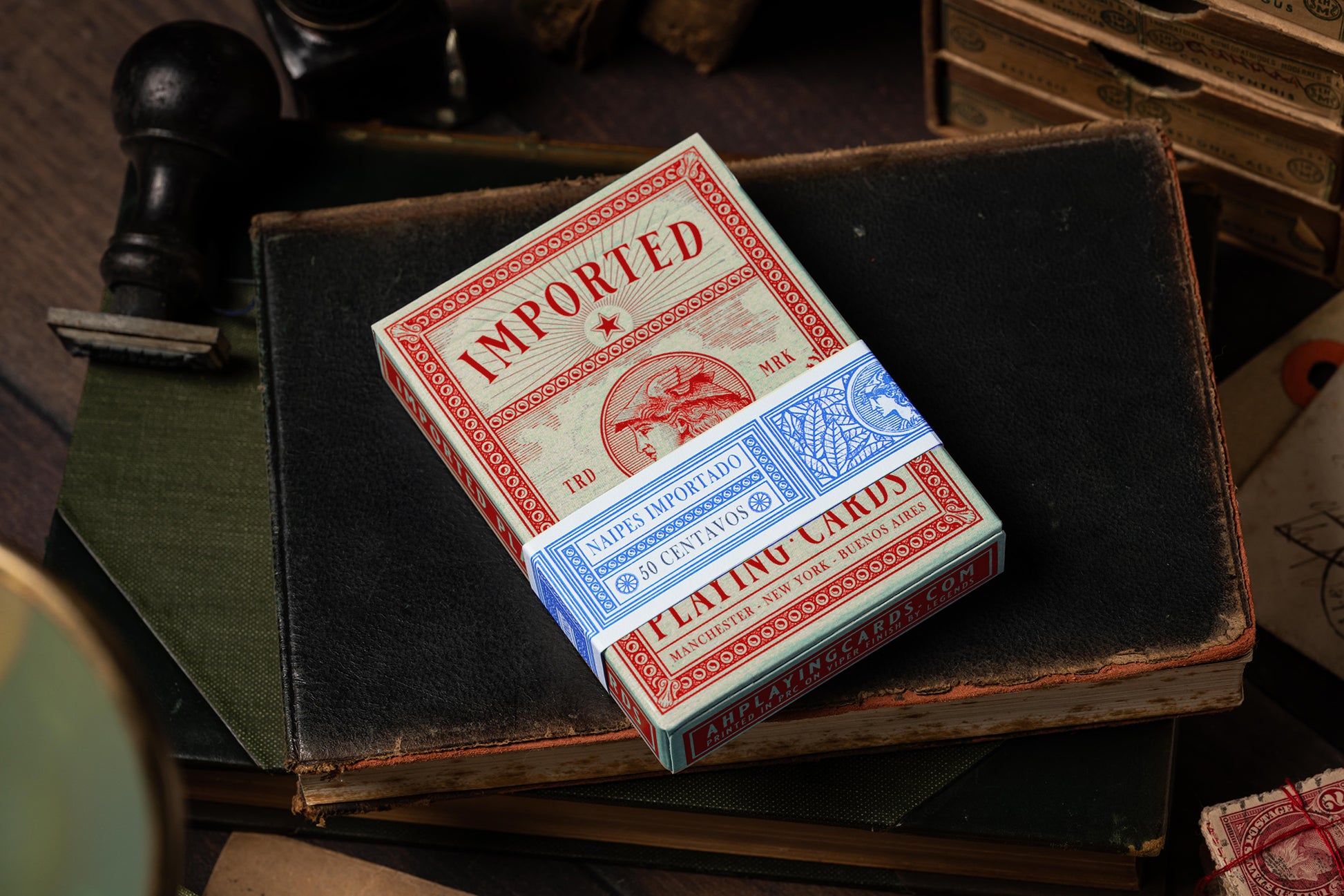 imported playing cards - burgundy edition - vintage hand-drawn playing cards - classic - a. haines - tuckbox with authentic tax band