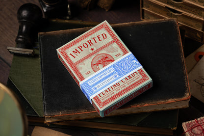 imported playing cards - burgundy edition - vintage hand-drawn playing cards - classic - a. haines - tuckbox with authentic tax band