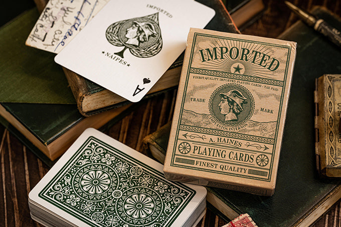 Imported Playing Cards close up image. Showing front of tuck box, back design and ace of spades