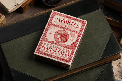 premium vintage playing cards - hand-drawn imported playing cards in rich burgundy colourway by a haines - manchester, england