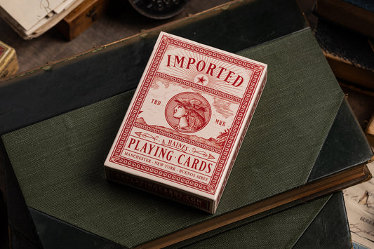 premium vintage playing cards - hand-drawn imported playing cards in rich burgundy colourway by a haines - manchester, england