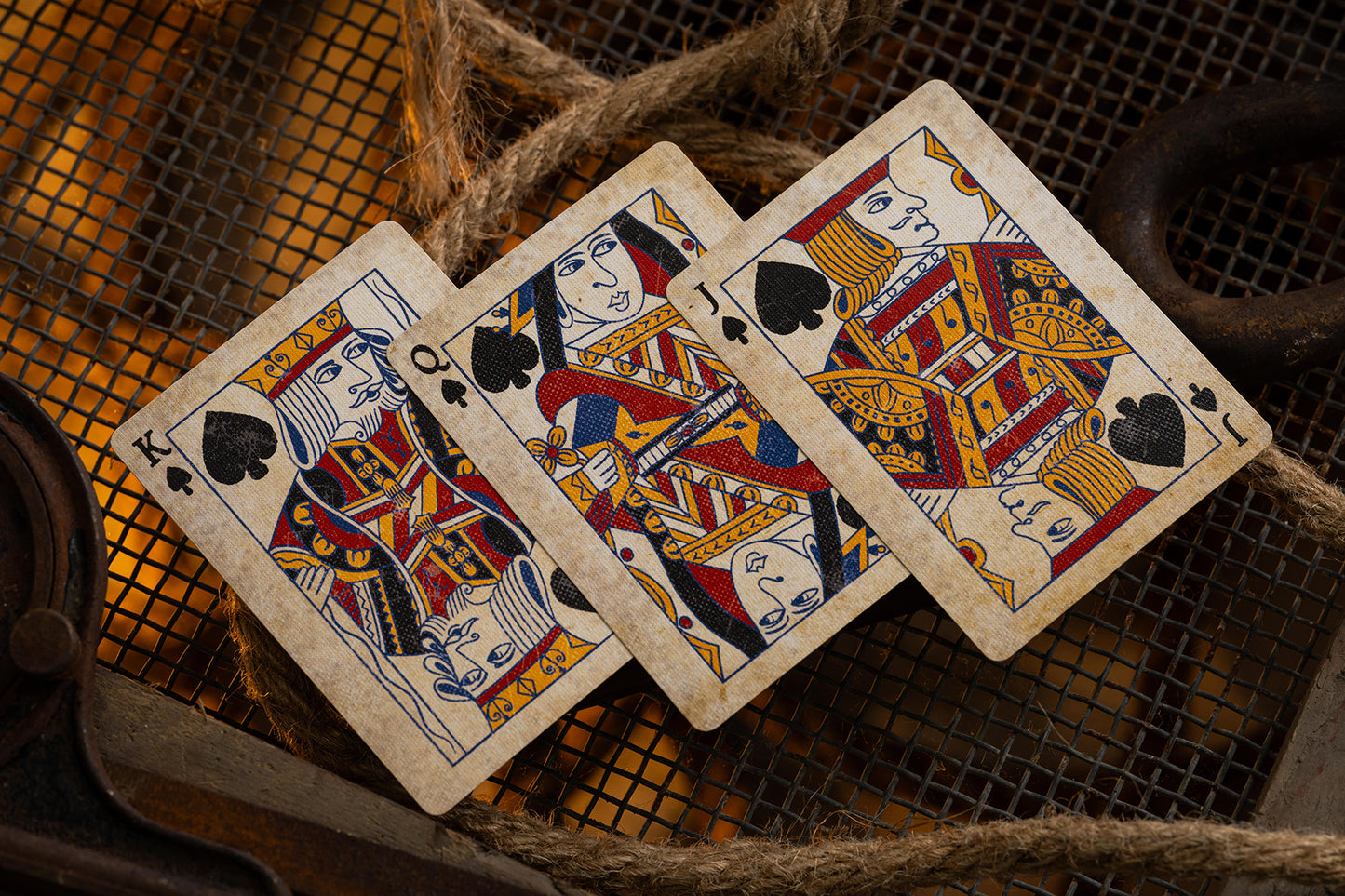 Three vintage courts playing cards on a textured surface.