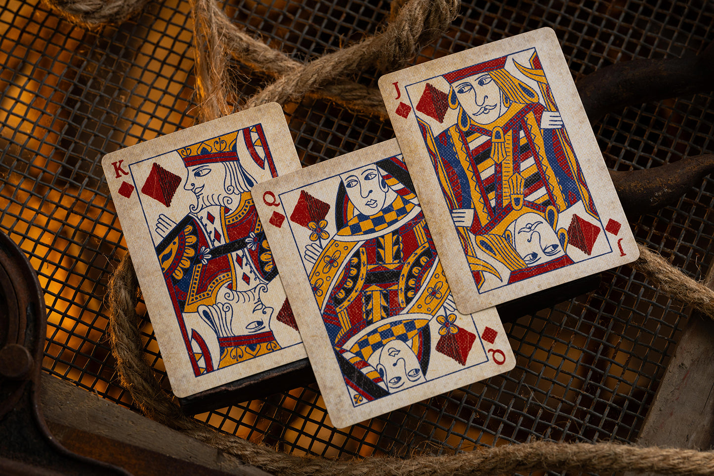 Three playing cards featuring kings on a textured surface with ropes.