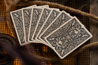 Set of vintage british cryptid black shuck playing cards with intricate designs on a rustic background