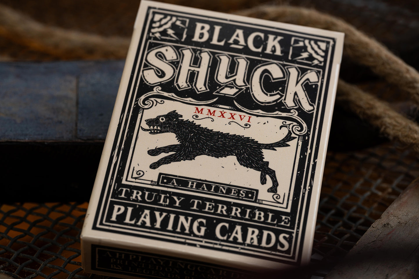 Black Shuck premium vintage playing cards with a dog illustration on the packaging. 