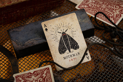 Playing card with mothman design on a textured surface