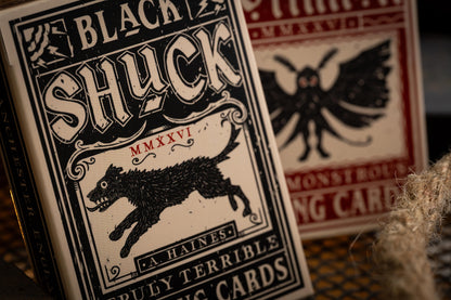Black Shuck playing cards and mothman playing cards tuckbox artwork - vintage
