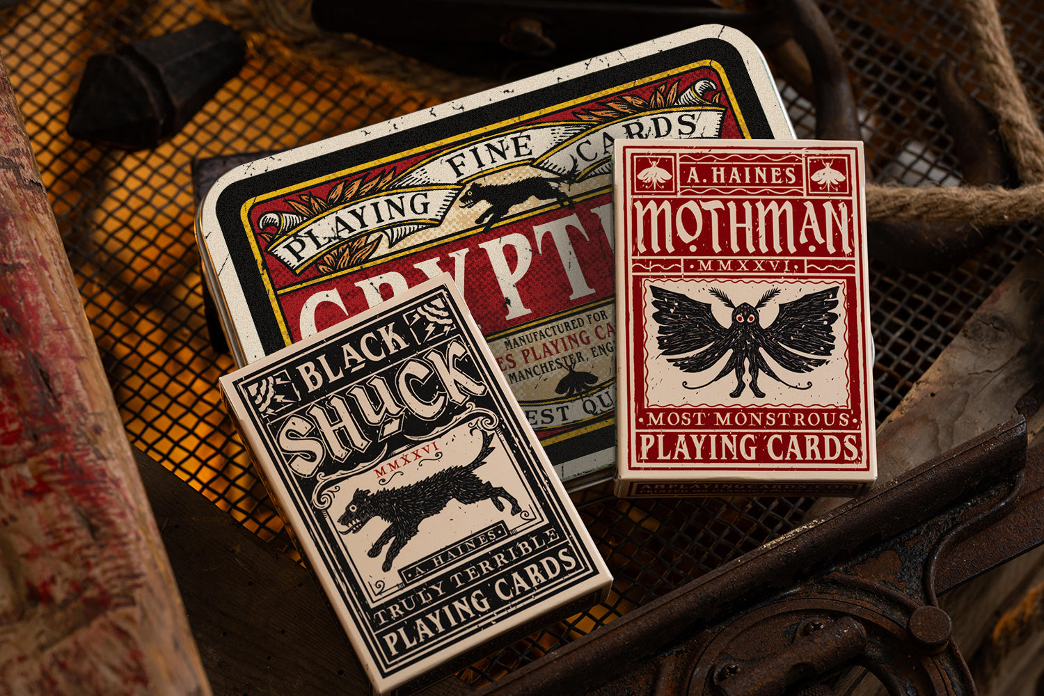 cryptids playing cards black shuck and mothman in collectable vintage tobacco tin in bold colours