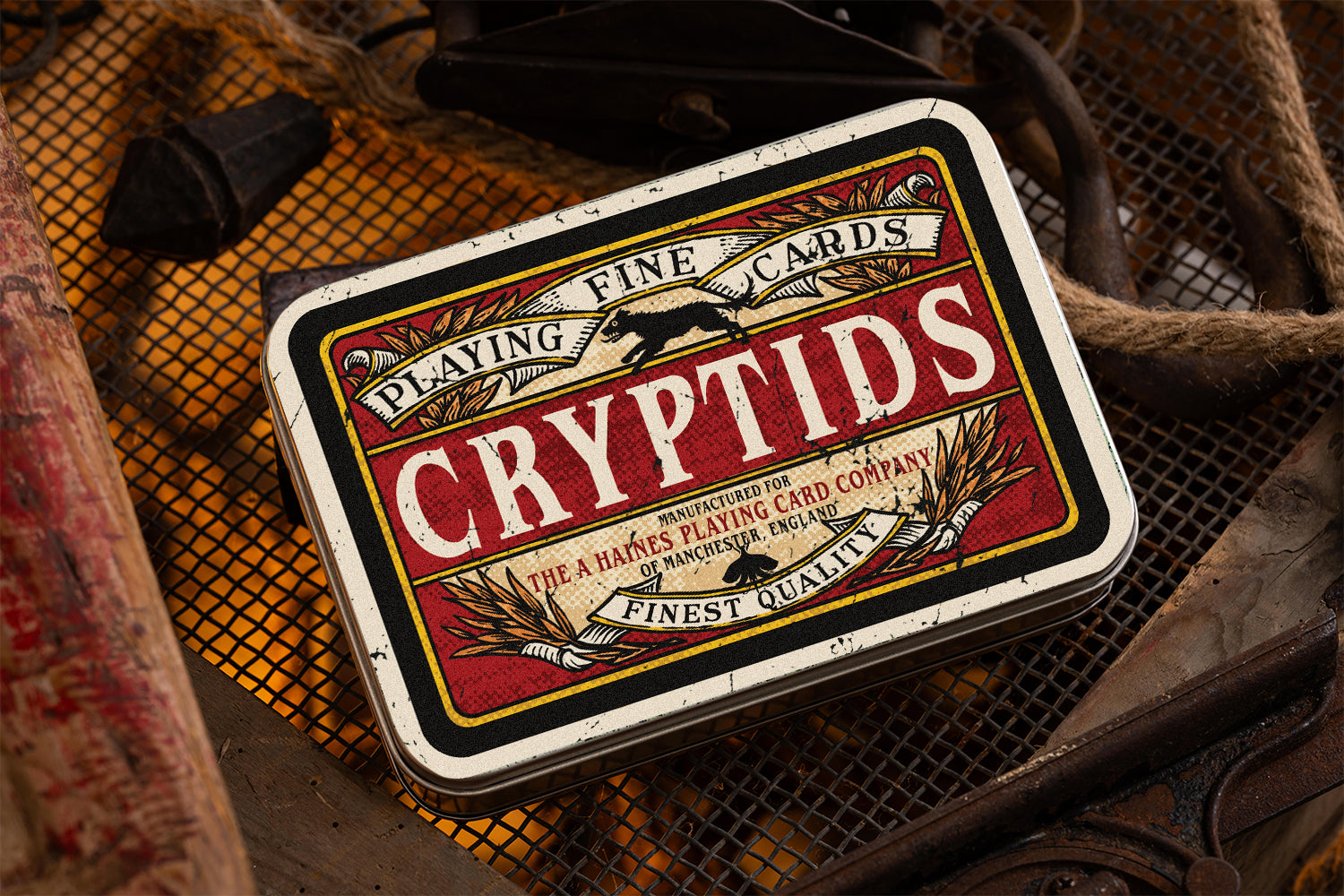 vintage tobacco tin labelled 'Cryptids' on an old book and leather surface.