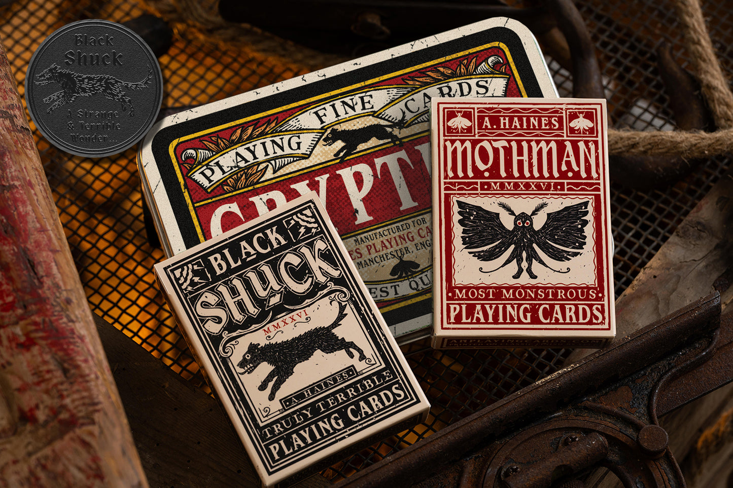 Cryptids Playing Cards - Black Shuck & Mothman - Collectors Tobacco Tin & Coin Set