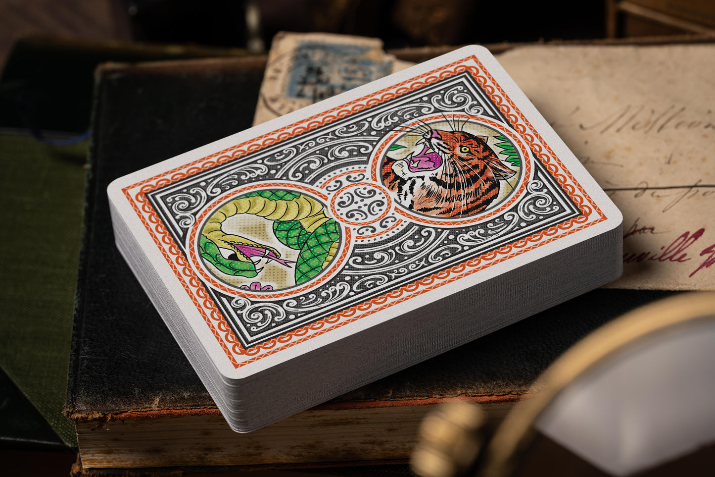 vintage matchbox artwork - tiger vs snake playing cards - card backs - premium playing cards