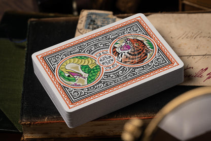 vintage matchbox artwork - tiger vs snake playing cards - card backs - premium playing cards