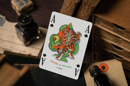 vintage matchbox artwork - tiger vs snake playing cards - hand-drawn ace of spades - premium playing cards