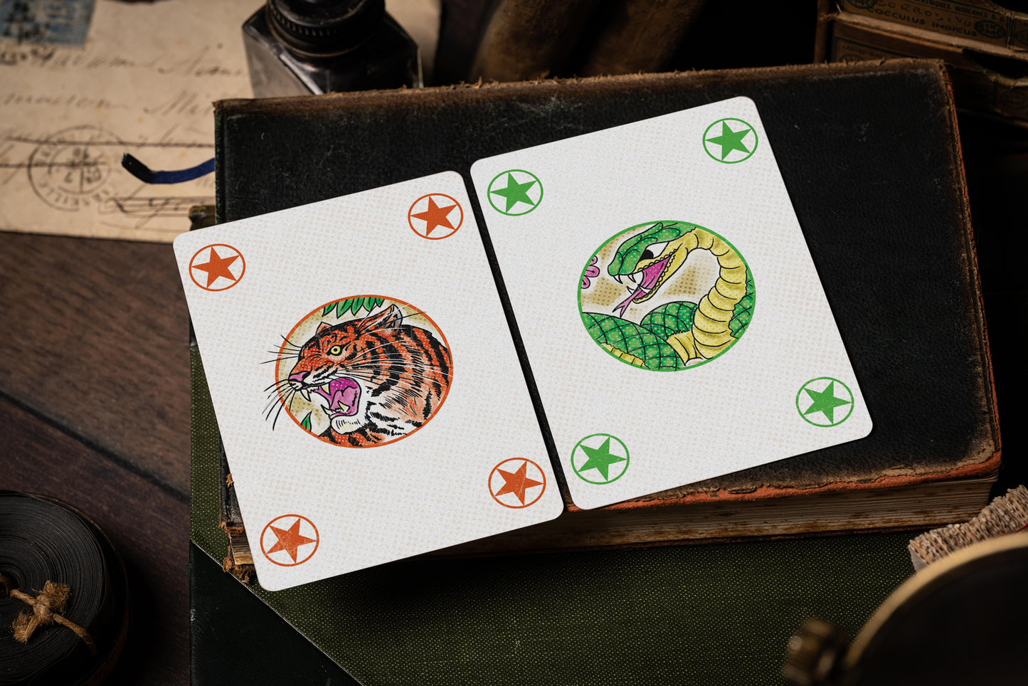 vintage matchbox artwork - tiger vs snake playing cards - hand illustrated jokers - premium playing cards