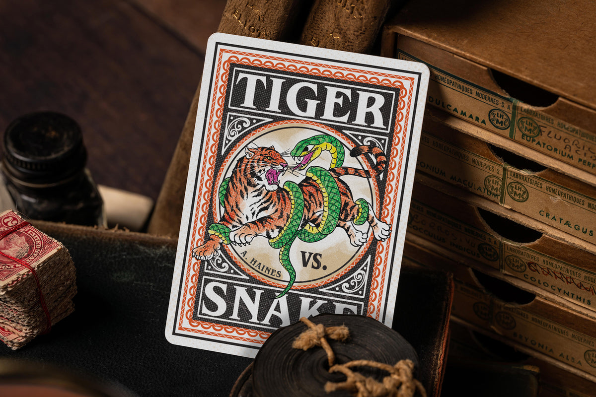 vintage matchbox artwork - tiger vs snake playing cards - extra card - premium playing cards
