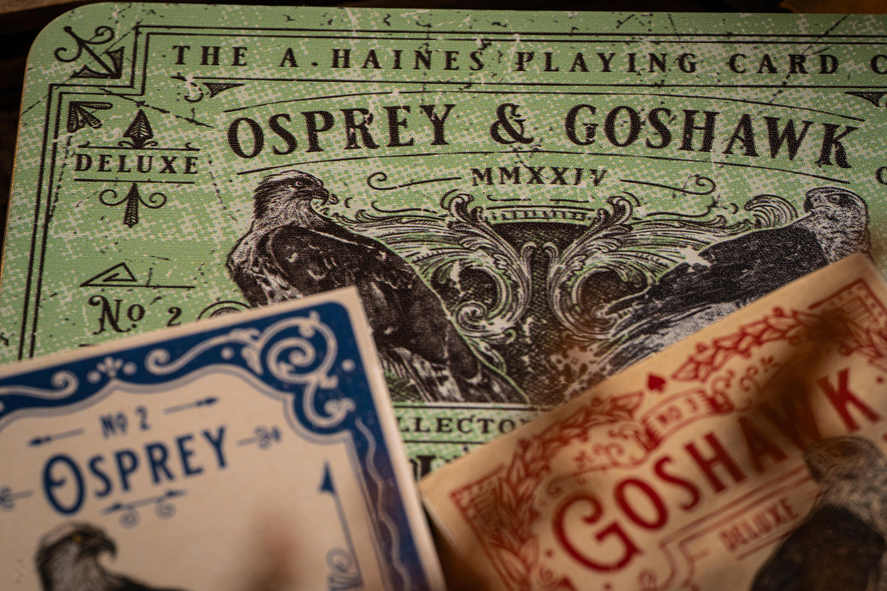 Vintage playing cards with 'Osprey' and 'Goshawk' with collectable tobacco tin