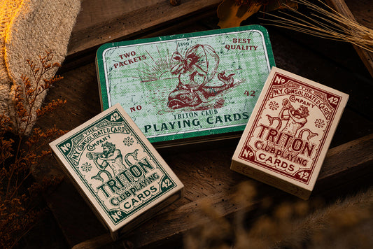 TWO DECK COLLECTORS SET IN VINTAGE TOBACCO TIN - TRITON 42 ANTIQUE RESTORATION