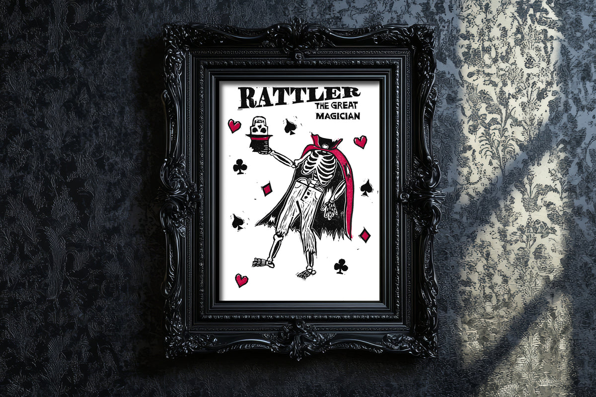 "Hats Off" - Rattler The Great Magician - 5 x 7 - Hand-carved Lino Block Print - Signed & Limited Of 20