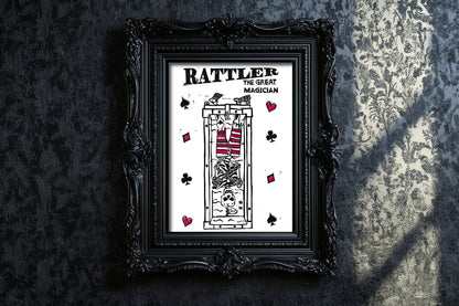 "Upside Down" - Rattler The Great Magician - 5 x 7 - Hand-carved Lino Block Print - Signed & Limited Of 20