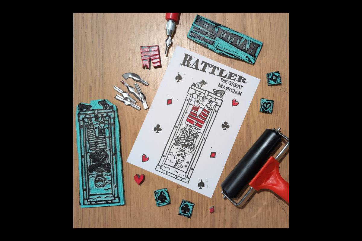 "Upside Down" - Rattler The Great Magician - 5 x 7 - Hand-carved Lino Block Print - Signed & Limited Of 20