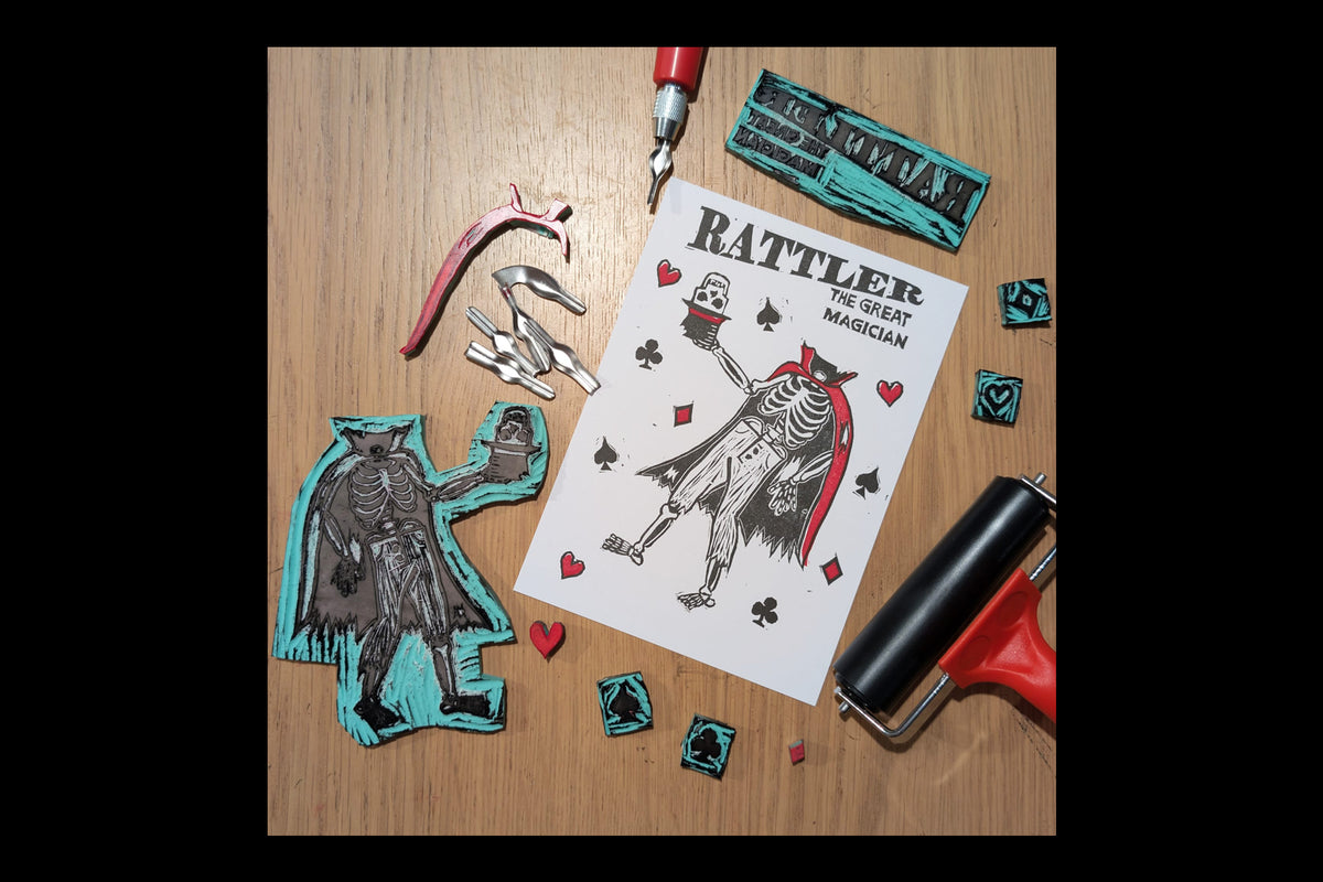 "Hats Off" - Rattler The Great Magician - 5 x 7 - Hand-carved Lino Block Print - Signed & Limited Of 20