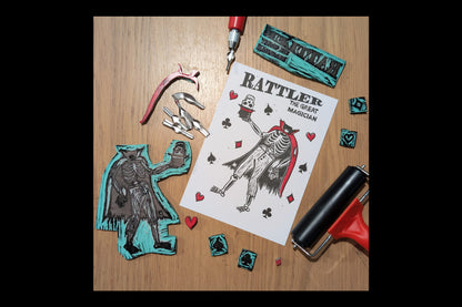 "Hats Off" - Rattler The Great Magician - 5 x 7 - Hand-carved Lino Block Print - Signed & Limited Of 20